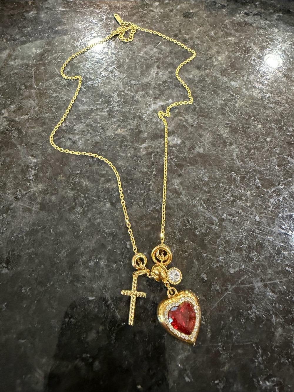Gold-Tone Necklace with Red Heart Pendant, Cross & Crystal Charm